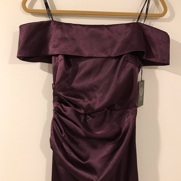 Vince Camuto Off Shoulder Ruched Waist Satin Gown Plum - Picture 5 of 10